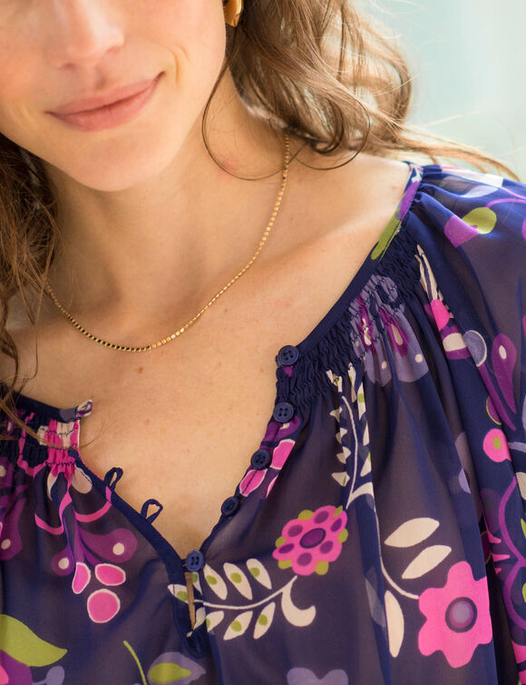 Blouse froncée en voile imprimé, manches amples (bleu encre) Blouse froncée en voile imprimé, manches amples (bleu encre)